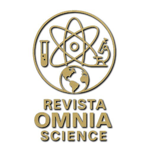La imagen presenta el logotipo de la Revista OMNIA Science, compuesto por un diseño en tonos dorados sobre un fondo azul oscuro. En la parte superior, un círculo contiene íconos representativos de diversas ramas de la ciencia: un tubo de ensayo, un átomo estilizado en el centro, un microscopio y un globo terráqueo que muestra los continentes de América, simbolizando el carácter global del conocimiento científico. Debajo del círculo, en tipografía mayúscula y dorada, se encuentra el nombre de la revista en tres líneas: “REVISTA”, “OMNIA” (resaltada en mayor tamaño) y “SCIENCE”. El conjunto proyecta una imagen profesional, moderna y seria, adecuada para una publicación científica o académica.